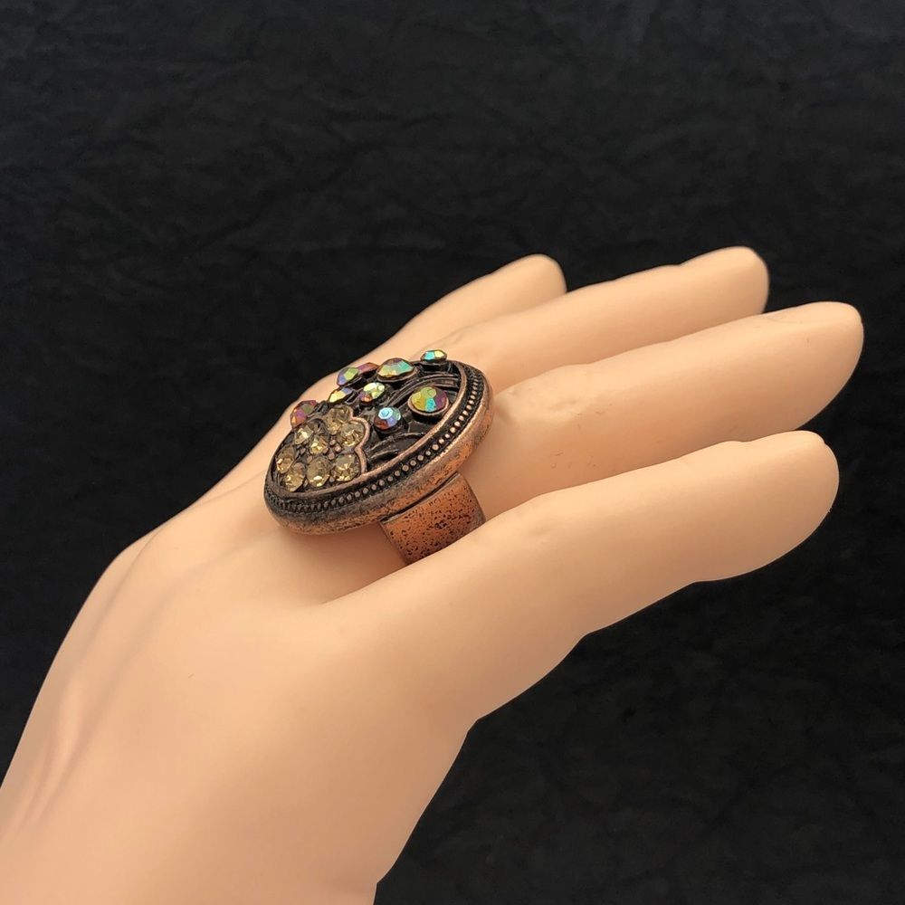 Large Copper Tone Statement Rhinestone Cocktail Stretch Ring - Picture 2 of 3